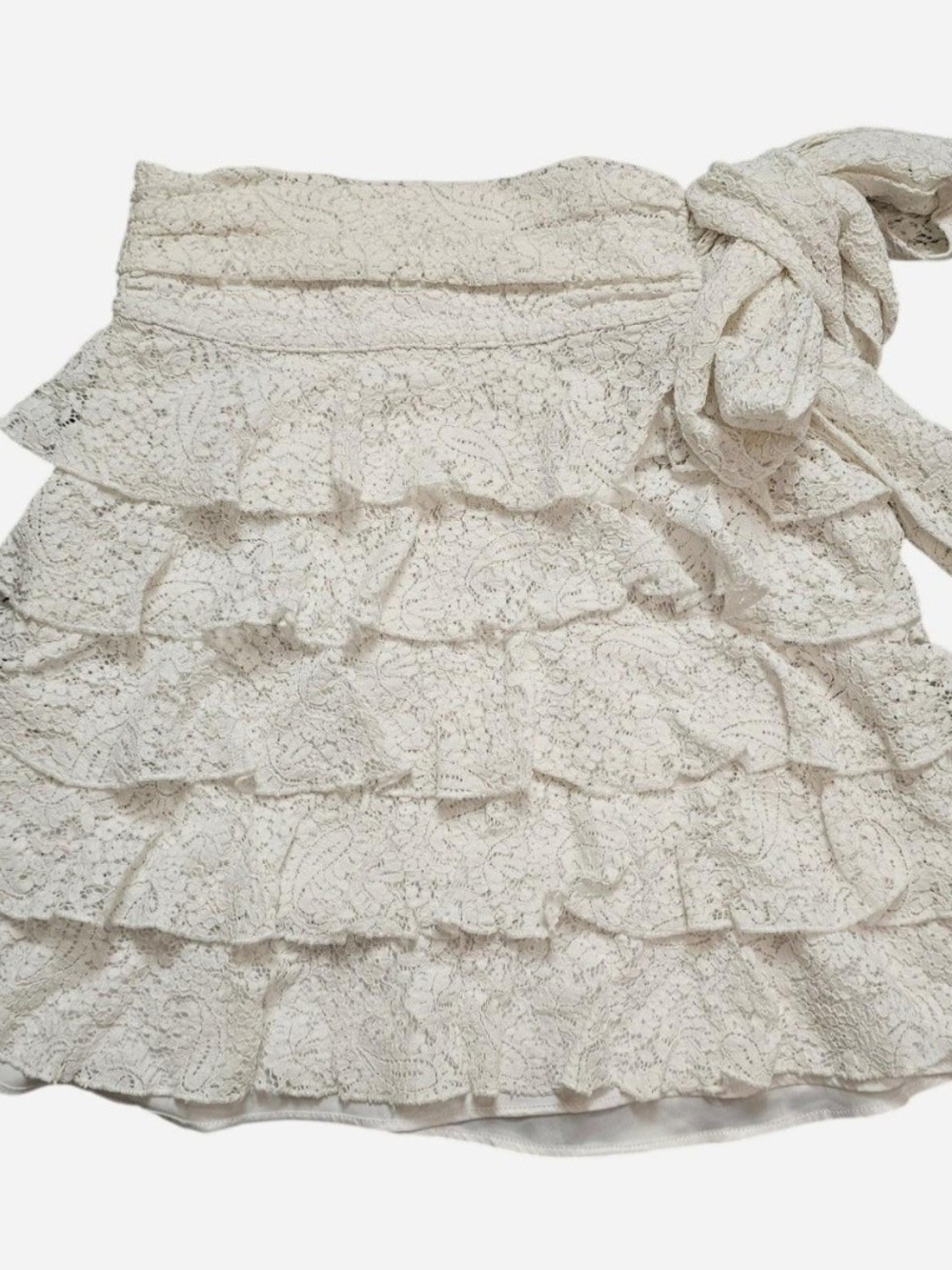 Tularosa Cream Lace Ruffle Tiered Mini Skirt with Side Tie